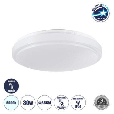 LEDTM® SENSORANO 60994 Φωτιστικό Πλαφονιέρα Οροφής με Ανιχνευτή Microwave / Αισθητήρα Κίνησης LED 30W 3000lm 120° AC 220-240V Αδιάβροχο IP54 Ψυχρό Λευκό 6000K - Lumileds SMD Chip - Λευκό Γαλακτερό - Μ38 x Π38 x Υ5.3cm - 3 Χρόνια Εγγύηση