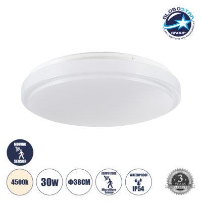 LEDTM® SENSORANO 60995 Φωτιστικό Πλαφονιέρα Οροφής με Ανιχνευτή Microwave / Αισθητήρα Κίνησης LED 30W 3000lm 120° AC 220-240V Αδιάβροχο IP54 Φυσικό Λευκό 4500K - Lumileds SMD Chip - Λευκό Γαλακτερό - Μ38 x Π38 x Υ5.3cm - 3 Χρόνια Εγγύηση