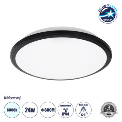 LEDTM® TUFFIN 60996 Φωτιστικό Πλαφονιέρα Οροφής LED 24W 2760lm 120° AC 220-240V Αδιάβροχο IP54 Ψυχρό Λευκό 6000K - Lumileds SMD Chip - Μαύρο Ματ & Λευκό Γαλακτερό - Μ30 x Π30 x Υ6.5cm - 3 Χρόνια Εγγύηση
