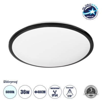 LEDTM® TUFFIN 60998 Φωτιστικό Πλαφονιέρα Οροφής LED 36W 4140lm 120° AC 220-240V Αδιάβροχο IP54 Ψυχρό Λευκό 6000K - Lumileds SMD Chip - Μαύρο Ματ & Λευκό Γαλακτερό - Μ48 x Π48 x Υ6.5cm - 3 Χρόνια Εγγύηση