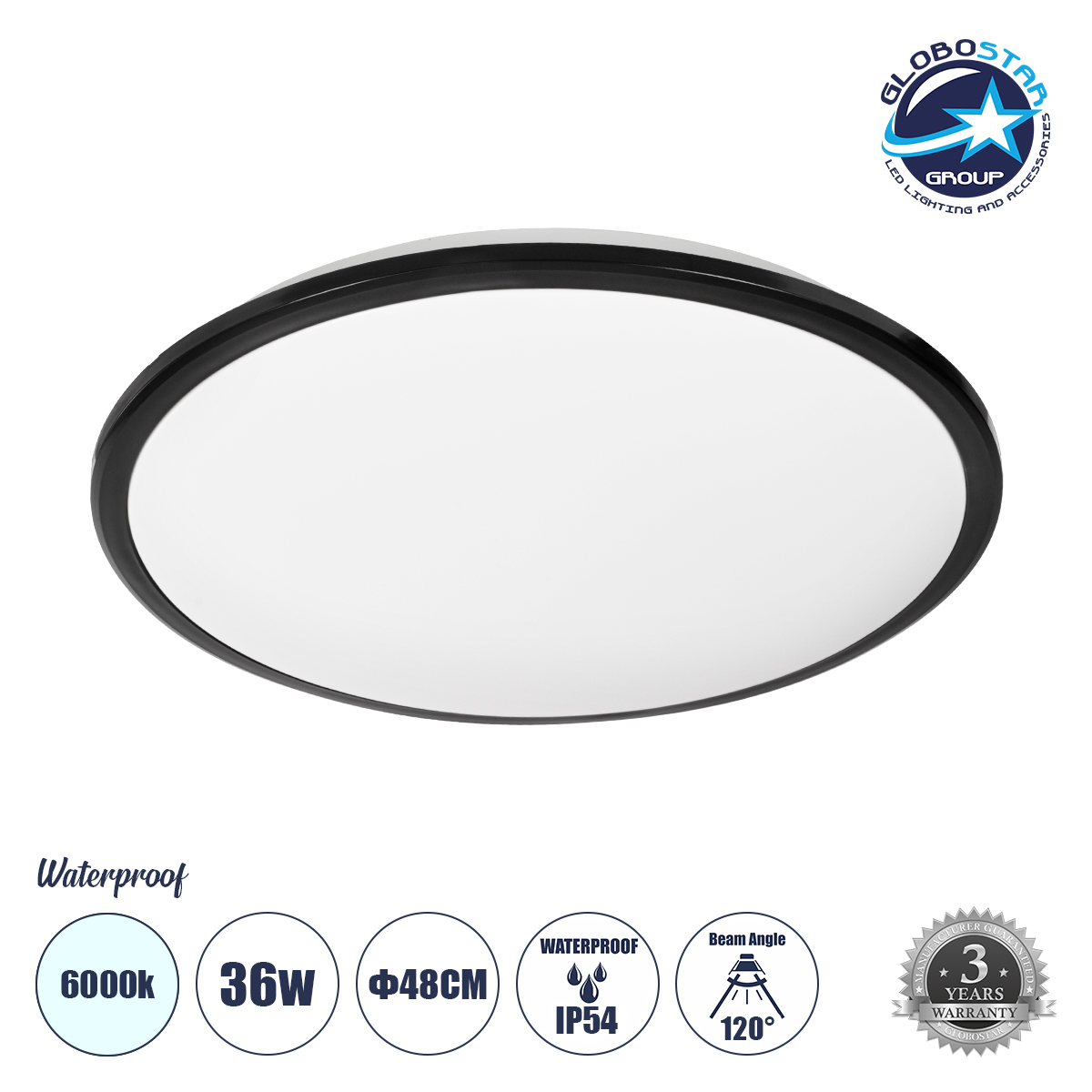 LEDTM® TUFFIN 60998 Φωτιστικό Πλαφονιέρα Οροφής LED 36W 4140lm 120° AC 220-240V Αδιάβροχο IP54 Ψυχρό Λευκό 6000K - Lumileds SMD Chip - Μαύρο Ματ & Λευκό Γαλακτερό - Μ48 x Π48 x Υ6.5cm - 3 Χρόνια Εγγύηση