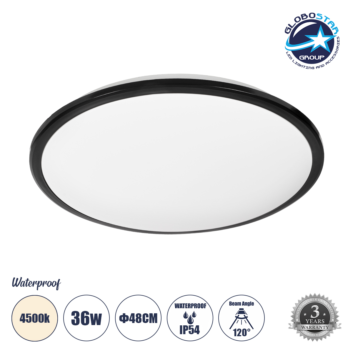 LEDTM® TUFFIN 60999 Φωτιστικό Πλαφονιέρα Οροφής LED 36W 3960lm 120° AC 220-240V Αδιάβροχο IP54 Φυσικό Λευκό 4500K - Lumileds SMD Chip - Μαύρο Ματ & Λευκό Γαλακτερό - Μ48 x Π48 x Υ6.5cm - 3 Χρόνια Εγγύηση