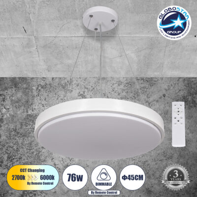 LEDTM® CASPER 61018 Μοντέρνο Κρεμαστό Φωτιστικό Οροφής LED 76W 8372lm 120° AC 220-240V IP20 Ρυθμιζόμενο Λευκό CCT με Χειριστήριο από 2700K έως 6000K Dimmable - Lumileds SMD Chip - Λευκό Ματ - Μ45 x Π45 x Υ5.5cm - 3 Χρόνια Εγγύηση