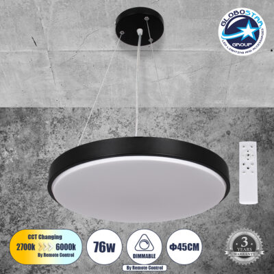 LEDTM® CASPER 61019 Μοντέρνο Κρεμαστό Φωτιστικό Οροφής LED 76W 8372lm 120° AC 220-240V IP20 Ρυθμιζόμενο Λευκό CCT με Χειριστήριο από 2700K έως 6000K Dimmable - Lumileds SMD Chip - Μαυρό Ματ - Μ45 x Π45 x Υ5.5cm - 3 Χρόνια Εγγύηση
