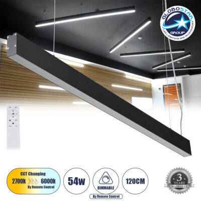 LEDTM® FELIX 61028-P Μοντέρνο Γραμμικό Κρεμαστό Φωτιστικό Οροφής LED 54W 6500lm 120° AC 220-240V IP20 Ρυθμιζόμενο Λευκό CCT με Χειριστήριο από 2700K έως 6000K Dimmable - Lumileds SMD Chip - Μαύρο Ματ - Μ120 x Π3.5 x Υ7cm - 3 Χρόνια Εγγύηση
