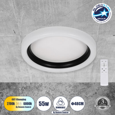 LEDTM® ARIANA 61034 Μοντέρνο Φωτιστικό Οροφής LED 55W 6376lm 120° AC 220-240V IP20 Ρυθμιζόμενο Λευκό CCT με Χειριστήριο από 2700K έως 6000K Dimmable - Lumileds SMD Chip - Λευκό Ματ & Μαύρο Ματ - Μ48 x Π48 x Υ9cm - 3 Χρόνια Εγγύηση