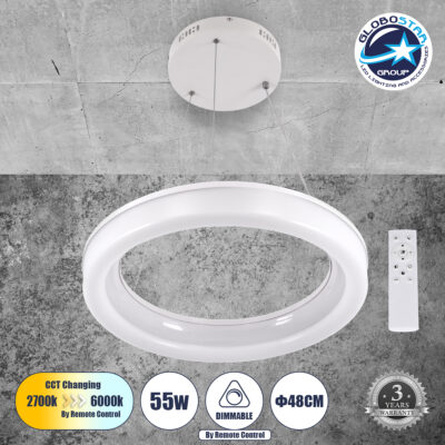LEDTM® ARIANA 61038 Μοντέρνο Κρεμαστό Φωτιστικό Οροφής LED 55W 6376lm 120° AC 220-240V IP20 Ρυθμιζόμενο Λευκό CCT με Χειριστήριο από 2700K έως 6000K Dimmable - Lumileds SMD Chip - Λευκό Ματ - Μ48 x Π48 x Υ6.5cm - 3 Χρόνια Εγγύηση