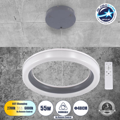 LEDTM® ARIANA 61039 Μοντέρνο Κρεμαστό Φωτιστικό Οροφής LED 55W 6376lm 120° AC 220-240V IP20 Ρυθμιζόμενο Λευκό CCT με Χειριστήριο από 2700K έως 6000K Dimmable - Lumileds SMD Chip - Γκρι - Μ48 x Π48 x Υ6.5cm - 3 Χρόνια Εγγύηση