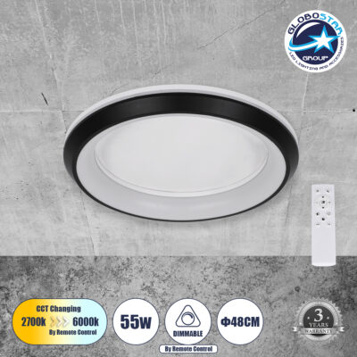 LEDTM® MELINA 61040 Μοντέρνο Φωτιστικό Οροφής LED 55W 6376lm 120° AC 220-240V IP20 Ρυθμιζόμενο Λευκό CCT με Χειριστήριο από 2700K έως 6000K Dimmable - Lumileds SMD Chip - Μαύρο Ματ - Μ48 x Π48 x Υ9cm - 3 Χρόνια Εγγύηση