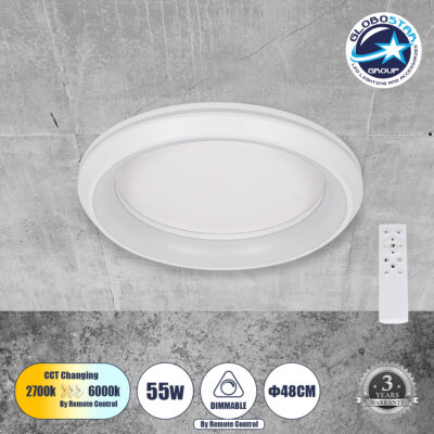 LEDTM® MELINA 61041 Μοντέρνο Φωτιστικό Οροφής LED 55W 6376lm 120° AC 220-240V IP20 Ρυθμιζόμενο Λευκό CCT με Χειριστήριο από 2700K έως 6000K Dimmable - Lumileds SMD Chip - Λευκό Ματ - Μ48 x Π48 x Υ9cm - 3 Χρόνια Εγγύηση