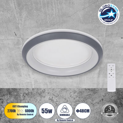 LEDTM® MELINA 61042 Μοντέρνο Φωτιστικό Οροφής LED 55W 6376lm 120° AC 220-240V IP20 Ρυθμιζόμενο Λευκό CCT με Χειριστήριο από 2700K έως 6000K Dimmable - Lumileds SMD Chip - Γκρι - Μ48 x Π48 x Υ9cm - 3 Χρόνια Εγγύηση