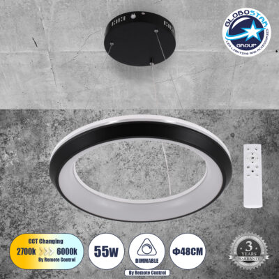 LEDTM® MELINA 61043 Μοντέρνο Κρεμαστό Φωτιστικό Οροφής LED 55W 6376lm 120° AC 220-240V IP20 Ρυθμιζόμενο Λευκό CCT με Χειριστήριο από 2700K έως 6000K Dimmable - Lumileds SMD Chip - Μαύρο Ματ - Μ48 x Π48 x Υ6.5cm - 3 Χρόνια Εγγύηση