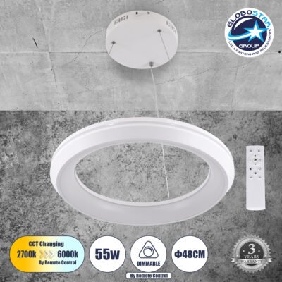 LEDTM® MELINA 61044 Μοντέρνο Κρεμαστό Φωτιστικό Οροφής LED 55W 6376lm 120° AC 220-240V IP20 Ρυθμιζόμενο Λευκό CCT με Χειριστήριο από 2700K έως 6000K Dimmable - Lumileds SMD Chip - Λευκό Ματ - Μ48 x Π48 x Υ6.5cm - 3 Χρόνια Εγγύηση