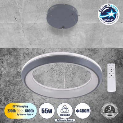 LEDTM® MELINA 61045 Μοντέρνο Κρεμαστό Φωτιστικό Οροφής LED 55W 6376lm 120° AC 220-240V IP20 Ρυθμιζόμενο Λευκό CCT με Χειριστήριο από 2700K έως 6000K Dimmable - Lumileds SMD Chip - Γκρι & Λευκό - Μ48 x Π48 x Υ6.5cm - 3 Χρόνια Εγγύηση