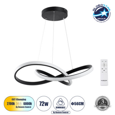 LEDTM® DEXTER 61049 Μοντέρνο Κρεμαστό Φωτιστικό Οροφής LED 72W 8064lm 300° AC 220-240V IP20 Ρυθμιζόμενο Λευκό CCT με Χειριστήριο από 2700K έως 6000K Dimmable - Lumileds SMD Chip - Μαύρο Ματ - Μ56 x Π56 x Υ14cm - 3 Χρόνια Εγγύηση