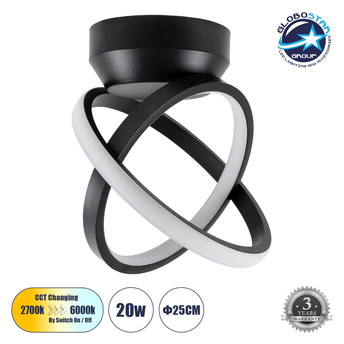 LEDTM® AMELIA 61052 Μοντέρνο Φωτιστικό Οροφής LED 20W 2400lm 300° AC 220-240V IP20 Ρυθμιζόμενο Λευκό CCT με On/Off 2700K/4500K/6000K - Lumileds SMD Chip - Μαύρο Ματ - Μ24.5 x Π16 x Υ25cm - 3 Χρόνια Εγγύηση
