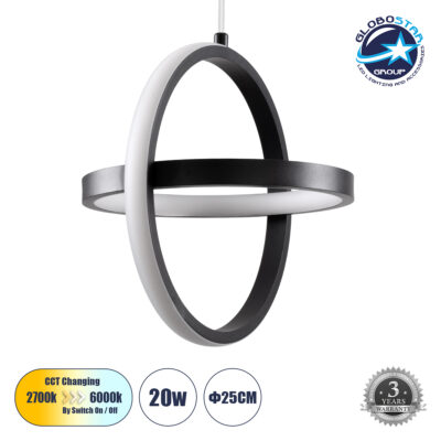 LEDTM® ALICE 61055 Μοντέρνο Κρεμαστό Φωτιστικό Οροφής LED 20W 2400lm 300° AC 220-240V IP20 Ρυθμιζόμενο Λευκό CCT με On/Off 2700K/4500K/6000K - Lumileds SMD Chip - Μαύρο Ματ - Μ25 x Π22 x Υ25cm - 3 Χρόνια Εγγύηση