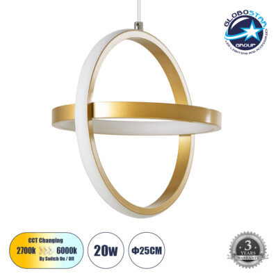 LEDTM® ALICE 61057 Μοντέρνο Κρεμαστό Φωτιστικό Οροφής LED 20W 2400lm 300° AC 220-240V IP20 Ρυθμιζόμενο Λευκό CCT με On/Off 2700K/4500K/6000K - Lumileds SMD Chip - Χρυσό Βούρτσας - Μ25 x Π22 x Υ25cm - 3 Χρόνια Εγγύηση