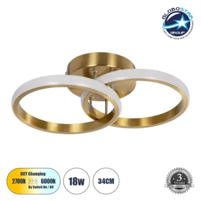 LEDTM® CORA 61060 Μοντέρνο Φωτιστικό Οροφής LED 18W 2160lm 300° AC 220-240V IP20 Ρυθμιζόμενο Λευκό CCT με On/Off 2700K/4500K/6000K - Lumileds SMD Chip - Χρυσό Βούρτσας - Μ36 x Π20.5 x Υ7cm - 3 Χρόνια Εγγύηση