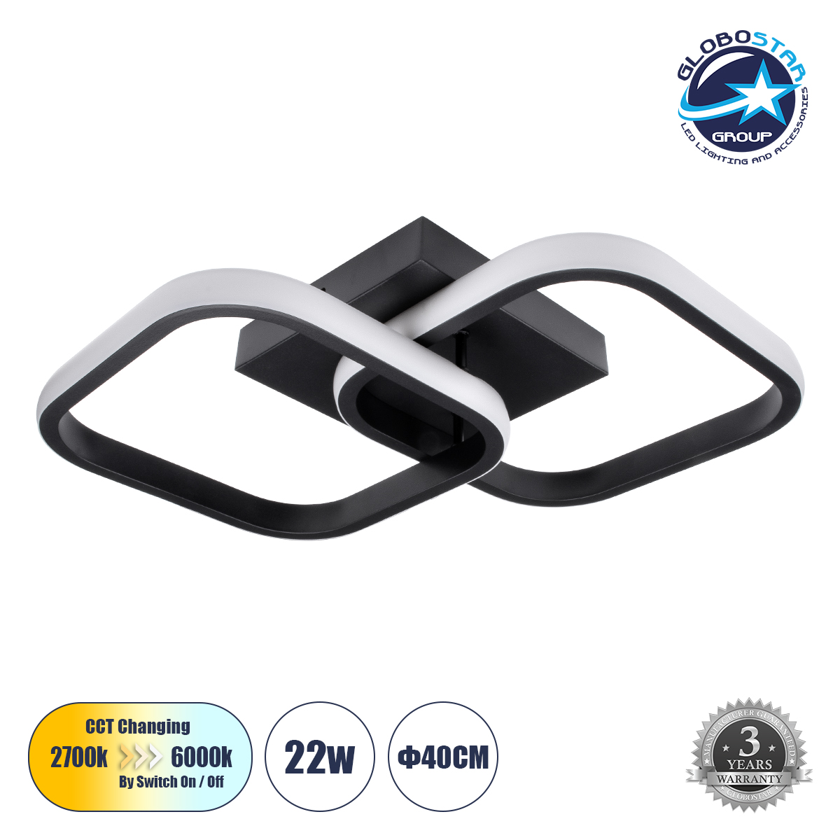 LEDTM® NORA 61061 Μοντέρνο Φωτιστικό Οροφής LED 22W 2640lm 300° AC 220-240V IP20 Ρυθμιζόμενο Λευκό CCT με On/Off 2700K/4500K/6000K - Lumileds SMD Chip - Μαύρο Ματ - Μ40 x Π24 x Υ7cm - 3 Χρόνια Εγγύηση