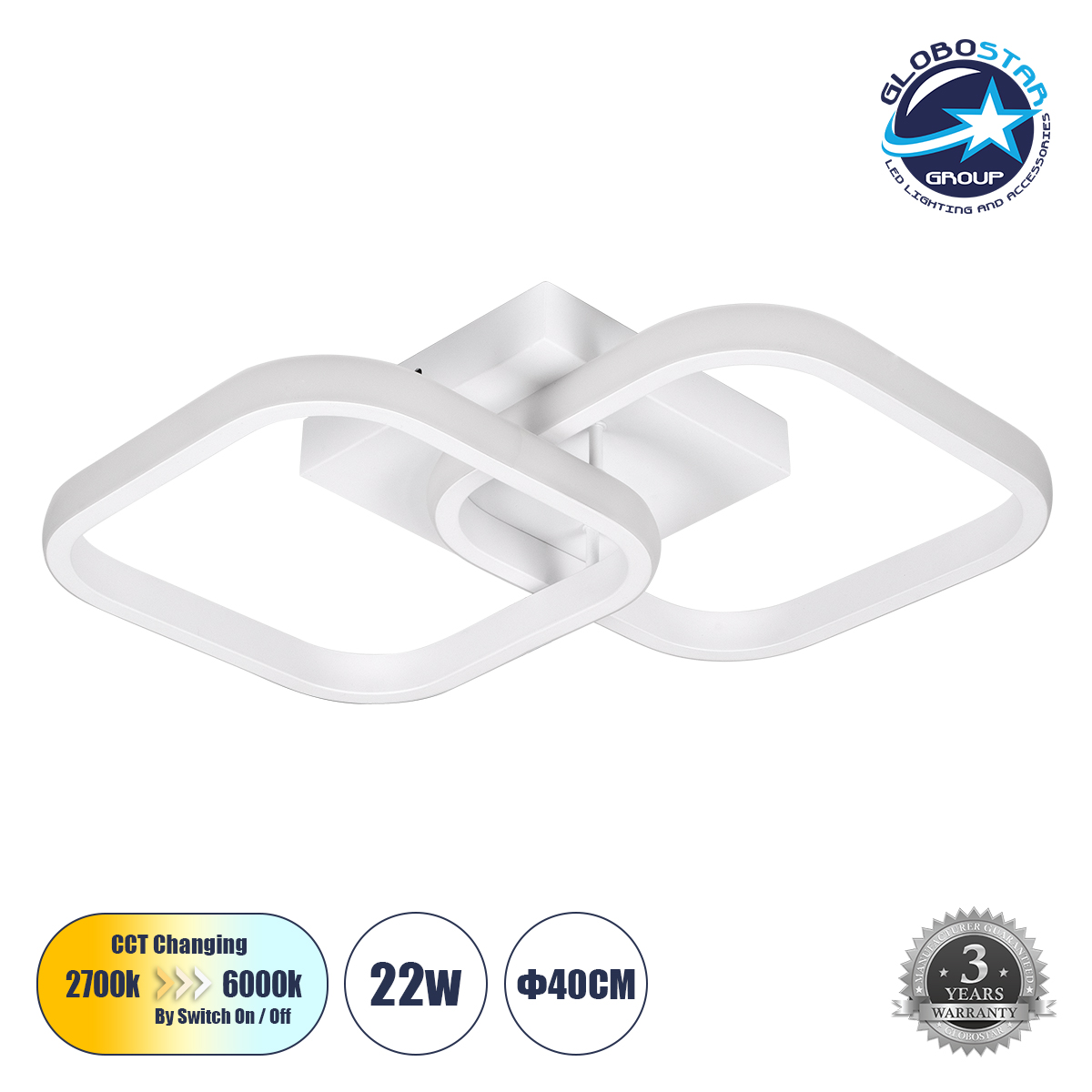 LEDTM® NORA 61062 Μοντέρνο Φωτιστικό Οροφής LED 22W 2640lm 300° AC 220-240V IP20 Ρυθμιζόμενο Λευκό CCT με On/Off 2700K/4500K/6000K - Lumileds SMD Chip - Λευκό Ματ - Μ40 x Π24 x Υ7cm - 3 Χρόνια Εγγύηση