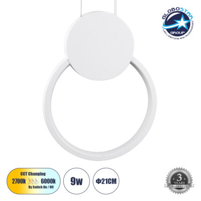 LEDTM® CYCLOS 61074 Μοντέρνο Κρεμαστό Φωτιστικό Οροφής LED 9W 1080lm 300° AC 220-240V IP20 Ρυθμιζόμενο Λευκό CCT με On/Off 2700K/4500K/6000K - Lumileds SMD Chip - Λευκό Ματ - Μ21 x Π2.3 x Υ26.5cm - 3 Χρόνια Εγγύηση