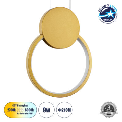 LEDTM® CYCLOS 61075 Μοντέρνο Κρεμαστό Φωτιστικό Οροφής LED 9W 1080lm 300° AC 220-240V IP20 Ρυθμιζόμενο Λευκό CCT με On/Off 2700K/4500K/6000K - Lumileds SMD Chip - Χρυσό Βούρτσας - Μ21 x Π2.3 x Υ26.5cm - 3 Χρόνια Εγγύηση