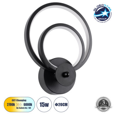 LEDTM® FREDDIE 61076 Μοντέρνο Φωτιστικό Τοίχου - Απλίκα LED 15W 1800lm 300° AC 220-240V IP20 Ρυθμιζόμενο Λευκό CCT με On/Off 2700K/4500K/6000K - Lumileds SMD Chip - Μαύρο Ματ - Μ20 x Π7.5 x Υ25cm - 3 Χρόνια Εγγύηση