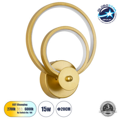 LEDTM® FREDDIE 61078 Μοντέρνο Φωτιστικό Τοίχου - Απλίκα LED 15W 1080lm 300° AC 220-240V IP20 Ρυθμιζόμενο Λευκό CCT με On/Off 2700K/4500K/6000K - Lumileds SMD Chip - Χρυσό Βούρτσας - Μ20 x Π7.5 x Υ25cm - 3 Χρόνια Εγγύηση
