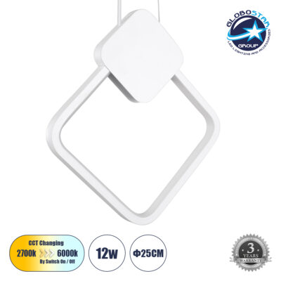 LEDTM® MARY 61083 Μοντέρνο Κρεμαστό Φωτιστικό Οροφής LED 12W 1440lm 300° AC 220-240V IP20 Ρυθμιζόμενο Λευκό CCT με On/Off 2700K/4500K/6000K - Lumileds SMD Chip - Λευκό - Μ20 x Π2.3 x Υ28.5cm - 3 Χρόνια Εγγύηση