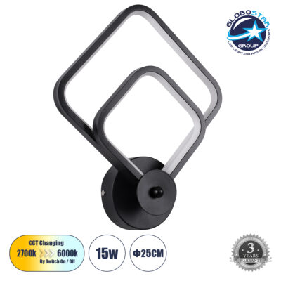 LEDTM® ANNA 61085 Μοντέρνο Φωτιστικό Τοίχου - Απλίκα LED 15W 1800lm 300° AC 220-240V IP20 Ρυθμιζόμενο Λευκό CCT με On/Off 2700K/4500K/6000K - Lumileds SMD Chip - Μαύρο Ματ - Μ25 x Π8 x Υ30cm - 3 Χρόνια Εγγύηση