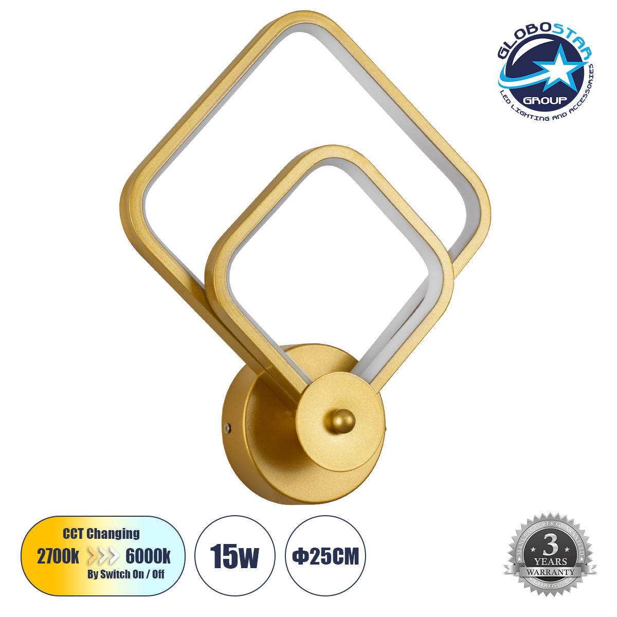LEDTM® ANNA 61087 Μοντέρνο Φωτιστικό Τοίχου - Απλίκα LED 15W 1800lm 300° AC 220-240V IP20 Ρυθμιζόμενο Λευκό CCT με On/Off 2700K/4500K/6000K - Lumileds SMD Chip - Χρυσό Βούρτσας - Μ25 x Π8 x Υ30cm - 3 Χρόνια Εγγύηση