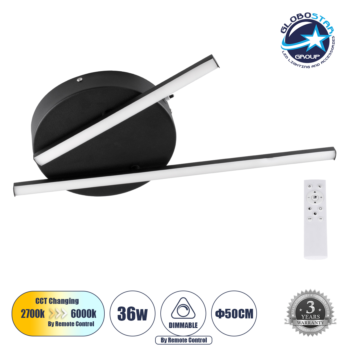 LEDTM® DRACO 61091 Μοντέρνο Φωτιστικό Οροφής LED 36W 4428lm 120° AC 220-240V IP20 Ρυθμιζόμενο Λευκό CCT με Χειριστήριο από 2700K έως 6000K Dimmable - Lumileds SMD Chip - Μαύρο Ματ - Μ50 x Π50 x Υ6cm - 3 Χρόνια Εγγύηση