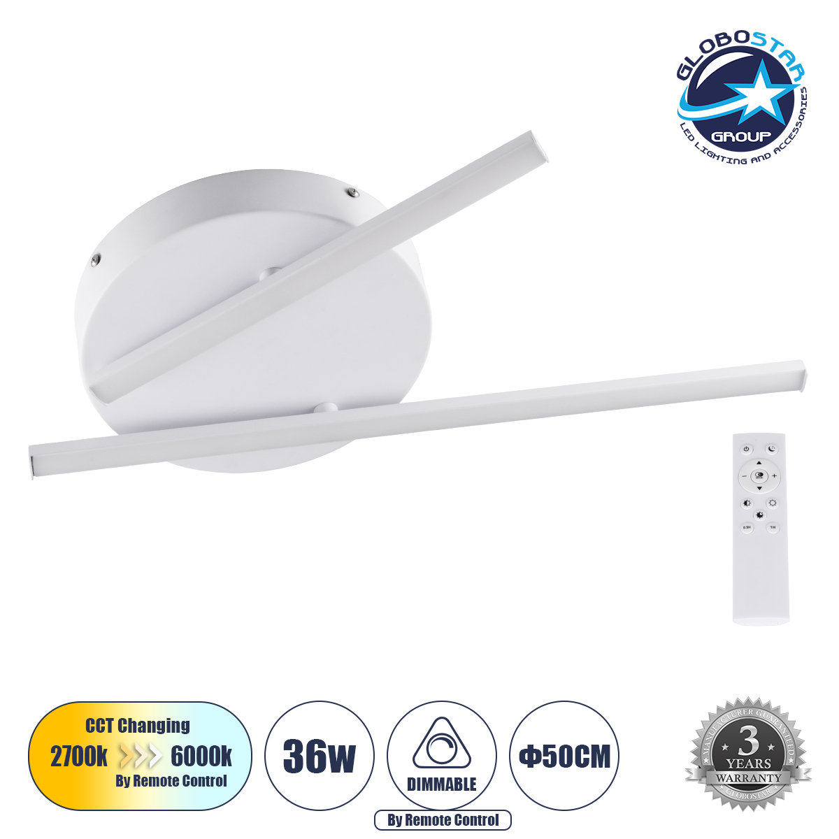 LEDTM® DRACO 61092 Μοντέρνο Φωτιστικό Οροφής LED 36W 4428lm 120° AC 220-240V IP20 Ρυθμιζόμενο Λευκό CCT με Χειριστήριο από 2700K έως 6000K Dimmable - Lumileds SMD Chip - Λευκό Ματ - Μ50 x Π50 x Υ6cm - 3 Χρόνια Εγγύηση