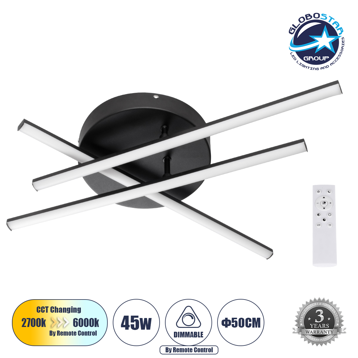 LEDTM® DRACO 61093 Μοντέρνο Φωτιστικό Οροφής LED 45W 5535lm 120° AC 220-240V IP20 Ρυθμιζόμενο Λευκό CCT με Χειριστήριο από 2700K έως 6000K Dimmable - Lumileds SMD Chip - Μαύρο Ματ - Μ50 x Π50 x Υ11cm - 3 Χρόνια Εγγύηση