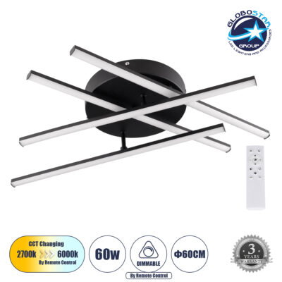LEDTM® DRACO 61095 Μοντέρνο Φωτιστικό Οροφής LED 60W 7380lm 120° AC 220-240V IP20 Ρυθμιζόμενο Λευκό CCT με Χειριστήριο από 2700K έως 6000K Dimmable - Lumileds SMD Chip - Μαύρο Ματ - Μ60 x Π60 x Υ11cm - 3 Χρόνια Εγγύηση