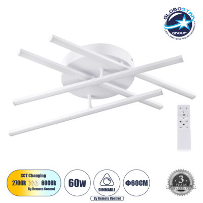 LEDTM® DRACO 61096 Μοντέρνο Φωτιστικό Οροφής LED 60W 7380lm 120° AC 220-240V IP20 Ρυθμιζόμενο Λευκό CCT με Χειριστήριο από 2700K έως 6000K Dimmable - Lumileds SMD Chip - Λευκό Ματ - Μ60 x Π60 x Υ11cm - 3 Χρόνια Εγγύηση