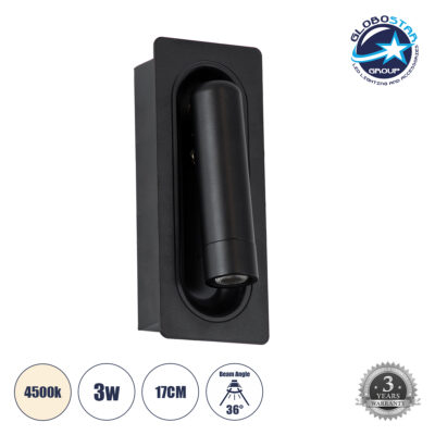 LEDTM® MANHATTAN 61097 Μοντέρνο Φωτιστικό Τοίχου - Απλίκα Ξενοδοχείου Reading Light LED 3W 405lm 36° AC 220-240V IP20 Φυσικό Λευκό 4500K - Bridgelux COB Chip & TÜV SÜD Driver - Μαύρο - Μ7 x Π7 x Υ17cm - 3 Χρόνια Εγγύηση