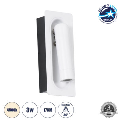LEDTM® MANHATTAN 61098 Μοντέρνο Φωτιστικό Τοίχου - Απλίκα Ξενοδοχείου Reading Light LED 3W 405lm 36° AC 220-240V IP20 Φυσικό Λευκό 4500K - Bridgelux COB Chip & TÜV SÜD Driver - Λευκό - Μ7 x Π7 x Υ17cm - 3 Χρόνια Εγγύηση
