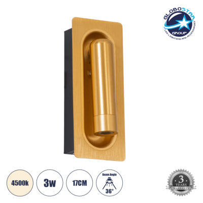 LEDTM® MANHATTAN 61100 Μοντέρνο Φωτιστικό Τοίχου - Απλίκα Ξενοδοχείου Reading Light LED 3W 405lm 36° AC 220-240V IP20 Φυσικό Λευκό 4500K - Bridgelux COB Chip & TÜV SÜD Driver - Χρυσό Βούρτσας - Μ7 x Π7 x Υ17cm - 3 Χρόνια Εγγύηση