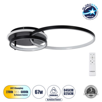 LEDTM® NEMESIS 61105 Μοντέρνο Φωτιστικό Οροφής LED 67W 6700lm 360° AC 220-240V IP20 Ρυθμιζόμενο Λευκό CCT με Χειριστήριο από 2700K έως 6000K Dimmable - Lumileds SMD Chip - Μαύρο Ματ - Μ84 x Π45 x Υ13cm - 3 Χρόνια Εγγύηση