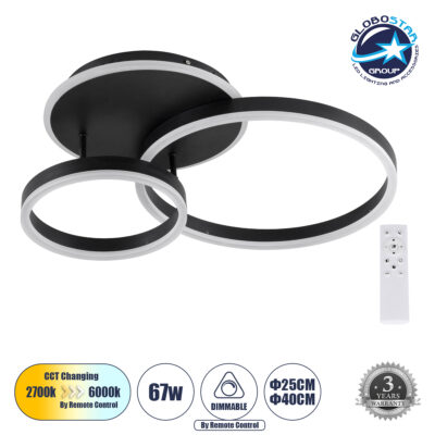 LEDTM® VENOM 61120 Μοντέρνο Φωτιστικό Οροφής LED 67W 8107lm 360° AC 220-240V IP20 Ρυθμιζόμενο Λευκό CCT με Χειριστήριο από 2700K έως 6000K Dimmable - Lumileds SMD Chip - Μαύρο Ματ - Μ60 x Π40 x Υ12.5cm - 3 Χρόνια Εγγύηση