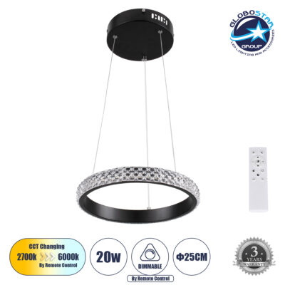 LEDTM® DIAMOND 61126 Μοντέρνο Κρεμαστό Φωτιστικό Οροφής LED 20W 2356lm 360° AC 220-240V IP20 Ρυθμιζόμενο Λευκό CCT με Χειριστήριο από 2700K έως 6000K Dimmable - Lumileds SMD Chip - Μαύρο Ματ - Μ25 x Π25 x Υ3cm - 3 Χρόνια Εγγύηση