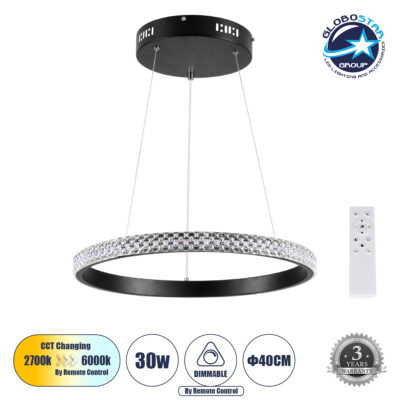 LEDTM® DIAMOND 61128 Μοντέρνο Κρεμαστό Φωτιστικό Οροφής LED 30W 3513lm 360° AC 220-240V IP20 Ρυθμιζόμενο Λευκό CCT με Χειριστήριο από 2700K έως 6000K Dimmable - Lumileds SMD Chip - Μαύρο Ματ - Μ40 x Π40 x Υ3cm - 3 Χρόνια Εγγύηση