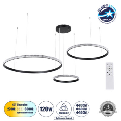 LEDTM® DIAMOND TRIO 61144 Μοντέρνο Κρεμαστό Φωτιστικό Οροφής LED 120W 14723lm 360° AC 220-240V IP20 Ρυθμιζόμενο Λευκό CCT με Χειριστήριο από 2700K έως 6000K Dimmable - Lumileds SMD Chip - Μαυρό Ματ - Μ150 x Π150 x Υ60cm - 3 Χρόνια Εγγύηση