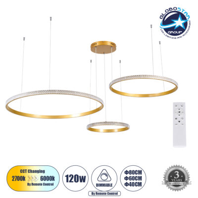 LEDTM® DIAMOND TRIO 61145 Μοντέρνο Κρεμαστό Φωτιστικό Οροφής LED 120W 14723lm 360° AC 220-240V IP20 Ρυθμιζόμενο Λευκό CCT με Χειριστήριο από 2700K έως 6000K Dimmable - Lumileds SMD Chip - Χρυσό Βούρτσας - Μ150 x Π150 x Υ60cm - 3 Χρόνια Εγγύηση