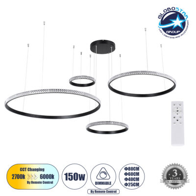 LEDTM® DIAMOND TETRA 61148 Μοντέρνο Κρεμαστό Φωτιστικό Οροφής LED 150W 18379lm 360° AC 220-240V IP20 Ρυθμιζόμενο Λευκό CCT με Χειριστήριο από 2700K έως 6000K Dimmable - Lumileds SMD Chip - Μαύρο Ματ - Μ150 x Π150 x Υ120cm - 3 Χρόνια Εγγύηση