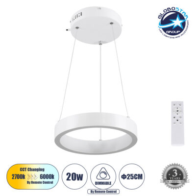 LEDTM® NEMESIS 61153 Μοντέρνο Κρεμαστό Φωτιστικό Οροφής LED 20W 2356lm 360° AC 220-240V IP20 Ρυθμιζόμενο Λευκό CCT με Χειριστήριο από 2700K έως 6000K Dimmable - Lumileds SMD Chip - Λευκό Ματ - Μ25 x Π25 x Υ4cm - 3 Χρόνια Εγγύηση