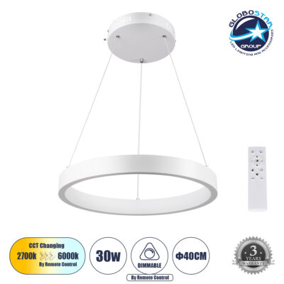 LEDTM® NEMESIS 61156 Μοντέρνο Κρεμαστό Φωτιστικό Οροφής LED 30W 3513lm 360° AC 220-240V IP20 Ρυθμιζόμενο Λευκό CCT με Χειριστήριο από 2700K έως 6000K Dimmable - Lumileds SMD Chip - Λευκό Ματ - Μ40 x Π40 x Υ4cm - 3 Χρόνια Εγγύηση