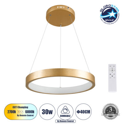 LEDTM® NEMESIS 61157 Μοντέρνο Κρεμαστό Φωτιστικό Οροφής LED 30W 3513lm 360° AC 220-240V IP20 Ρυθμιζόμενο Λευκό CCT με Χειριστήριο από 2700K έως 6000K Dimmable - Lumileds SMD Chip - Χρυσό Βούρτσας - Μ40 x Π40 x Υ4cm - 3 Χρόνια Εγγύηση